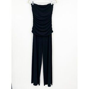 Cache Stretch Jersey Knit Strapless Black Jumpsuit Y2K Small Wide Leg Ruched